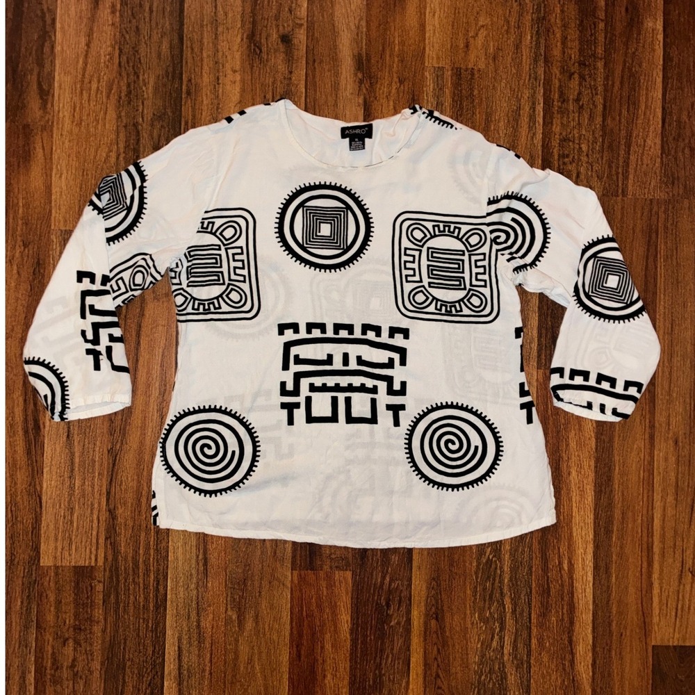 Ashro Womens XL White Black Geometric Tribal Print Rayon Long Sleeve Blouse